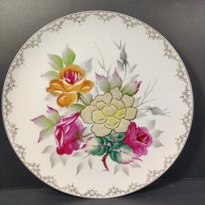 Vintage decorative Floral Plate Featuring a textured coralene-style flower